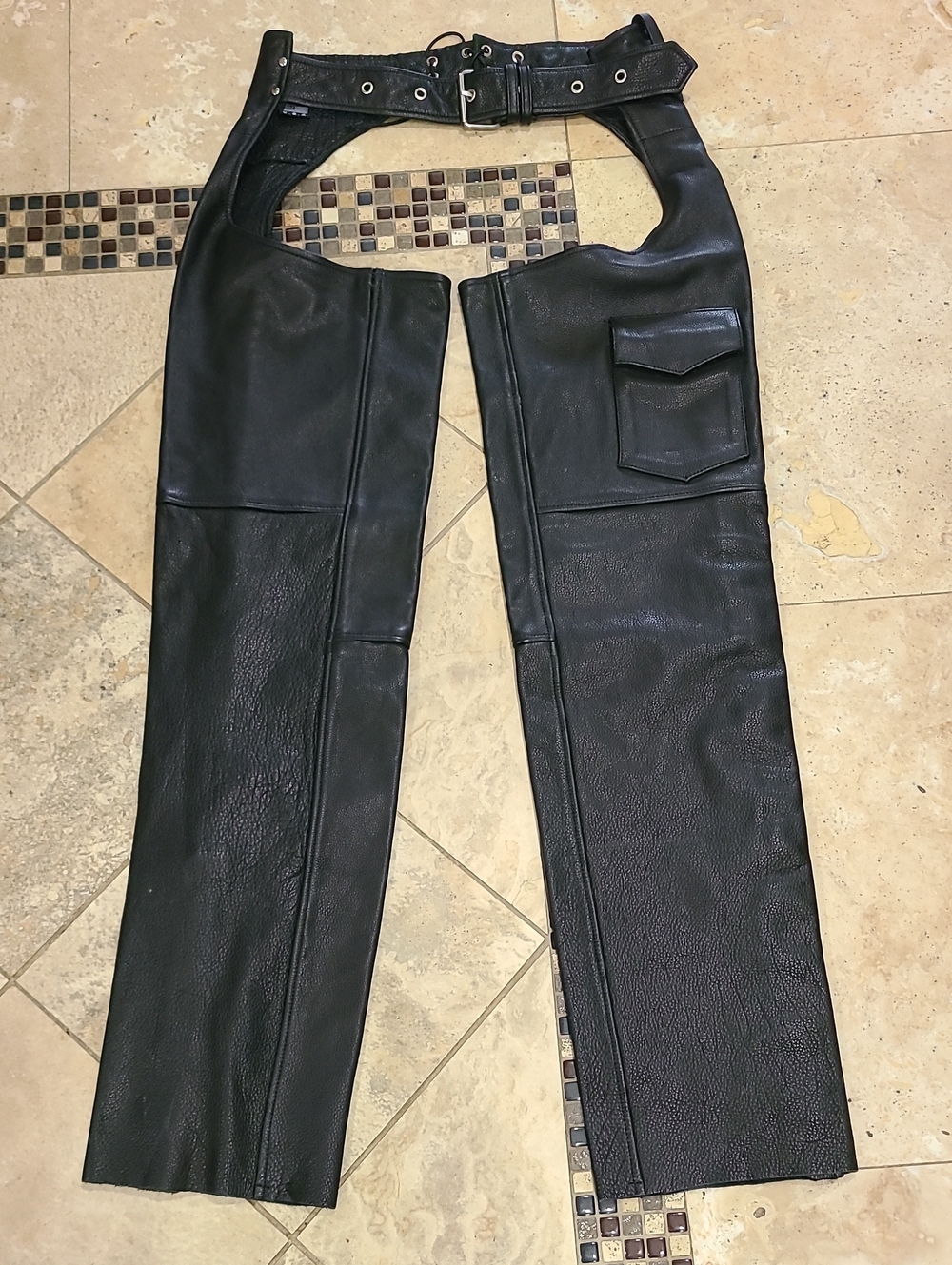 Men's Black Leather Cargo Chaps with Utility Pocket